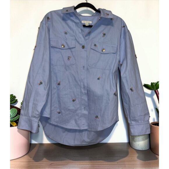 Tops - Women's Blue Embroidered Button Up Shirt Small Floral Long Sleeve Cotton Blouse